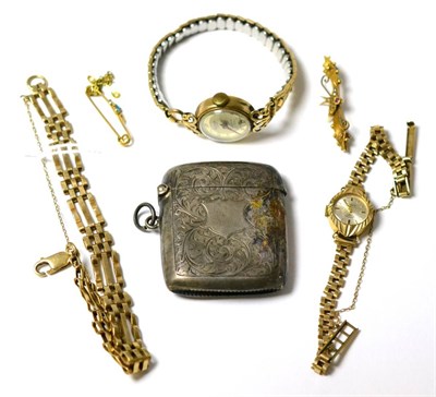 Lot 276 - A 9ct gold gate link bracelet, two brooches and two watches