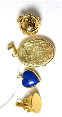 Lot 302 - A heart shaped lapis lazuli pendant, a seal fob, a Masonic ball and a locket