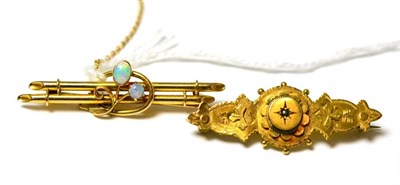 Lot 305 - An opal bar brooch, stamped '15C' and a 15ct gold seed pearl set brooch