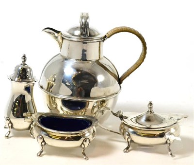 Lot 332 - A silver hot water jug and a silver three piece condiment set