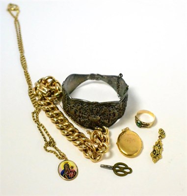 Lot 387 - Russian yellow metal chain, locket and bangle