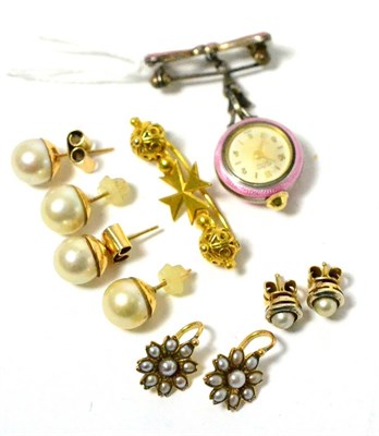 Lot 395 - Two pairs of pearl stud earrings, two other pairs of pearl earrings, a brooch and a pink enamel fob