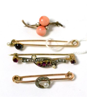 Lot 396 - Garnet and diamond jockey cap and crop bar brooch, a pearl and rose cut diamond crescent bar...