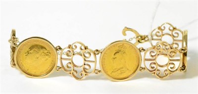 Lot 410 - Three Victorian sovereigns dated: 1887, 1888 and 1895 mounted in a gold bracelet stamped 375 to the