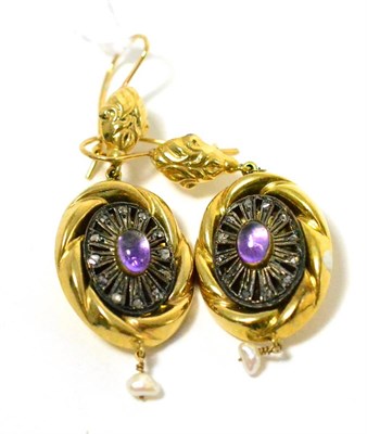 Lot 426 - ~A pair of amethyst, diamond and pearl set drop earrings