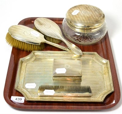 Lot 439 - Assorted silver dressing table wares including tray and powder bowl