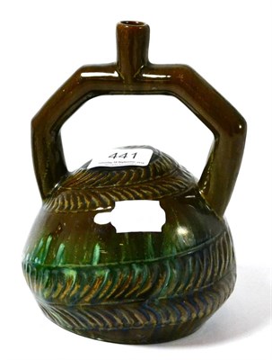 Lot 441 - Linthorpe pottery Mayan style vase, designed by Christopher Dresser and monogrammed for Henry Tooth