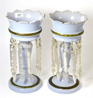 Lot 457 - A pair of opaque milk glass lustres with gilt decoration