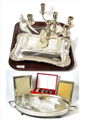 Lot 462 - A collection of silver plate and white metal including an entree dish and cover, eight metal napkin