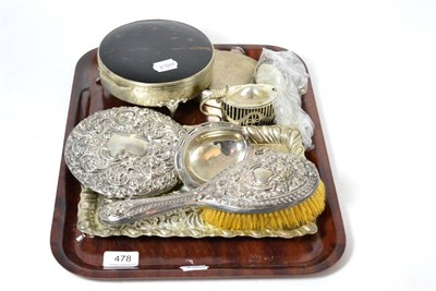 Lot 478 - A silver and tortoiseshell box, silver hand mirror, brush and tray, spoons, mustard, hip flask etc