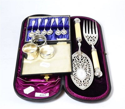 Lot 497 - William Hutton & Sons plated fish servers (cased), three silver napkin rings and a cased set of six