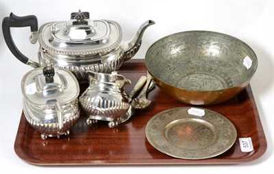 Lot 537 - A Persian silver dish, a silver jam spoon, Barker Ellie plated tea service and other metalwares