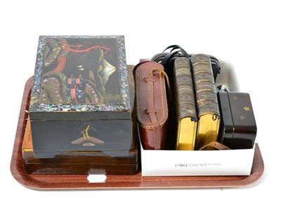 Lot 557 - A Georgian mahogany tea caddy, cased fish set, 1837 Church service books etc