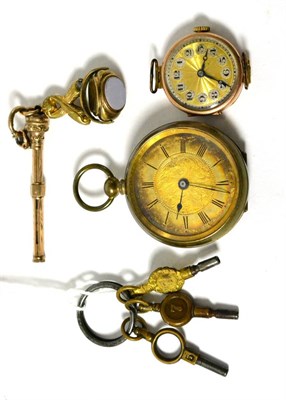 Lot 578 - A 9ct gold lady's watch, no strap, a fob watch, a swivel fob and an extending pencil and watch keys