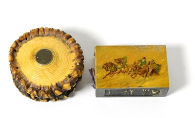 Lot 595 - A Russian white metal match box holder and a Scottish antler box inscribed John Roberts (2)