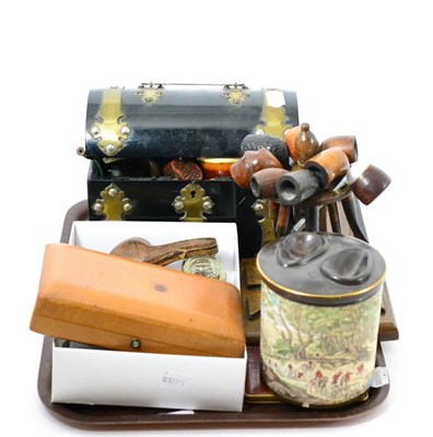 Lot 613 - Two Meerschaum pipes, Parker pens and inkwells, domed stationary box, assorted pipes etc