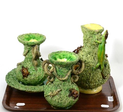 Lot 628 - A group of majolica Palissy ware including a pair of vases, jug and plate