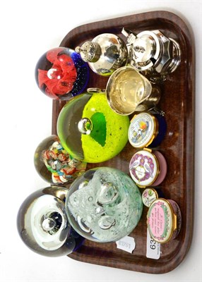 Lot 632 - Four enamel trinket boxes including Halcyon Days, five paperweights, a silver cream jug,...