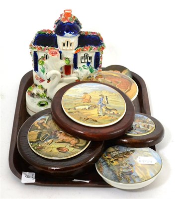 Lot 634 - A group of pot lids, a Staffordshire pastille burner and a Staffordshire spill vase