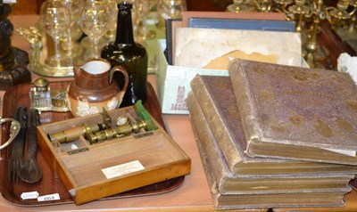 Lot 664 - 17th/18th century green glass bottle, brass microscope, desk standish, a Doulton sprig jug,...