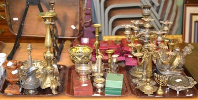 Lot 666 - ~Three trays of various 19th century and later candlesticks, candelabra, and other items, including