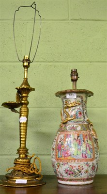 Lot 671 - An Eastern brass lamp and a Canton vase as a lamp