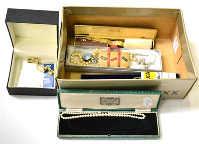 Lot 692 - A string of pearls together with a silver and enamel locket brooch, novelty nail set, watches, etc