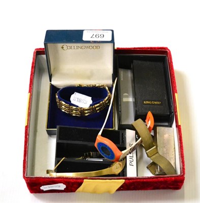 Lot 697 - A 9ct gold bracelet with padlock snap, three watches and assorted lighters