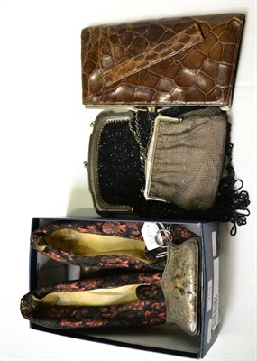 Lot 704 - Pair of circa 1920's brocade shoes, silver mesh evening bag, silver hinged purse, circa 1930's...