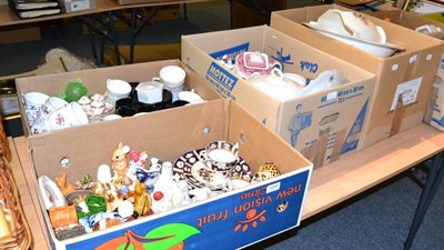 Lot 1054 - Six boxes of mixed ceramics including Wade, W H Goss crested wares, Imari tea wares, various...