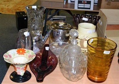 Lot 1059 - Glassware comprising Orrefors vase, three others, four bowls, two decanters and a tray, also a...