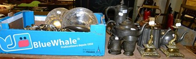 Lot 1076 - Pewter teapots, pewter coffee pot, silver plate, etc