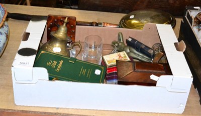 Lot 1091 - Assorted items including a tea caddy, woodcuts, brass ware, glasses etc