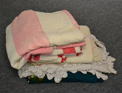 Lot 1129 - Heal's curtain, Gothic curtains, a red and white patchwork quilt, two pink and white quilts and...