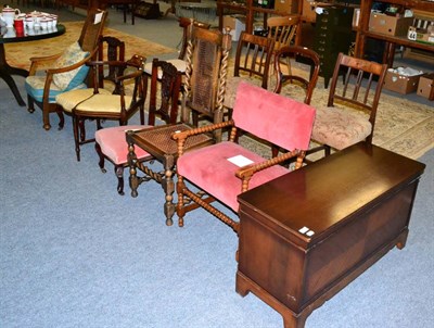 Lot 1130 - A mahogany blanket box, bobbin turned chair, cane work chair, pair of nursing chairs, corner...