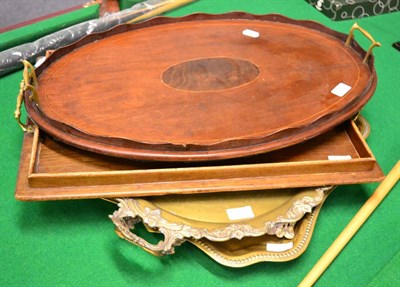 Lot 1141 - ~Two wooden and two silver plated trays (4)