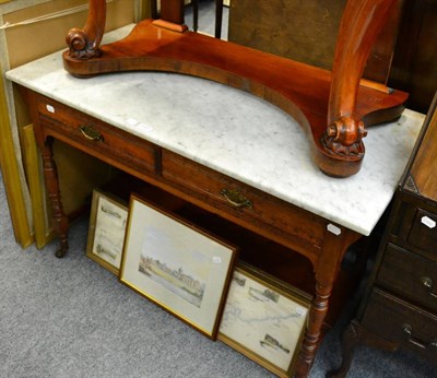 Lot 1157 - A marble top washstand with pot board stretcher, together with three mirrors and three prints