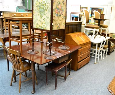 Lot 1160 - A Melamine topped table, a cane seated chair, an oak bureau, a 19th century mahogany gateleg dining