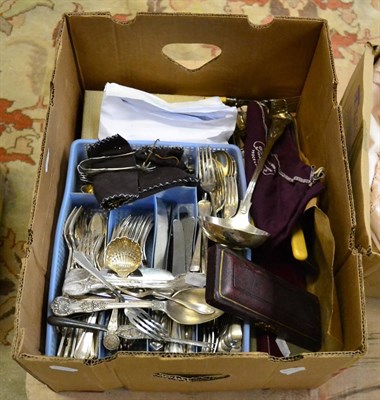 Lot 1185 - A service of Jesmond pattern plated cutlery, some in cases, other cutlery, a soup ladle,...