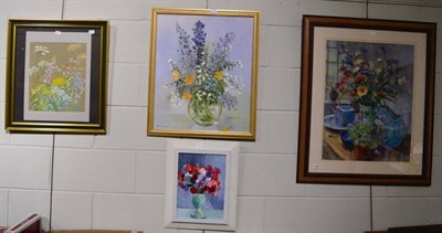 Lot 1195 - Dorothy M Tilburn, a still life of Summer flowers in a glass vase, signed, oil on board,...