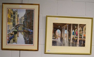 Lot 1198 - J Barrie Haste, Piazza San Marco, signed, watercolour, together with a print after Michael Wood...