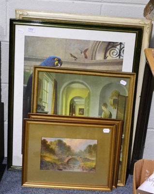 Lot 1202 - Two landscape watercolours and three other framed articles