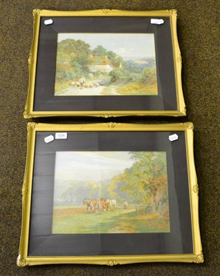 Lot 1226 - Charles Adams, a shepherd and sheep on a country lane; figures driving shire horses, each...