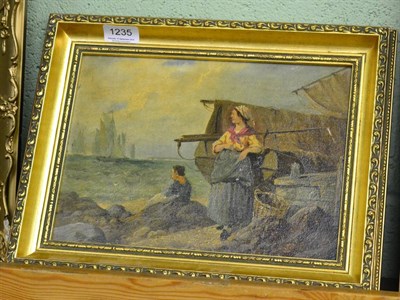 Lot 1235 - R Delnite, Fisherwomen waiting on a shore, signed, oil on board