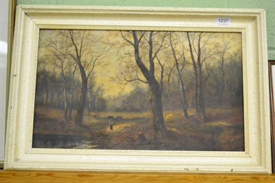 Lot 1237 - S Williams, Figures in a woodland landscape, signed, oil on board