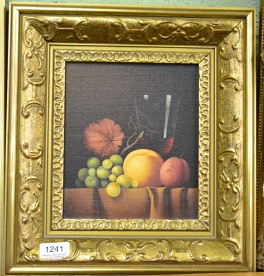 Lot 1241 - M James (20th century), Still life of glass and fruit, oil