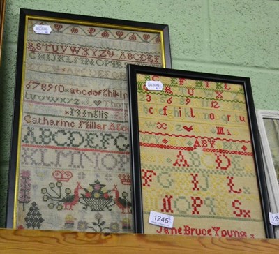 Lot 1245 - 19th century alphabet sampler worked by Catharine Millar, aged 10 years, worked in coloured threads