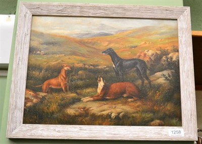 Lot 1258 - British School (19th/20th century) Study of three greyhounds in a landscape, oil on board