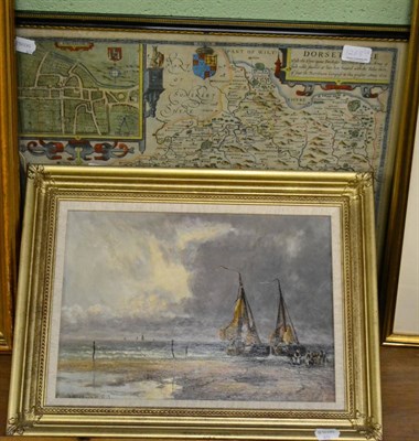 Lot 1268 - Ships on a coast, oil on board, indistinctly signed, together with a hand coloured map of...