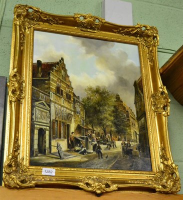 Lot 1282 - J Haanstra (20th century) Town scene with figures, oil